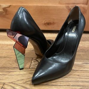 Fendi Diamond-Heel Black Leather/Multi Facet Heel - Size 40, worn once!